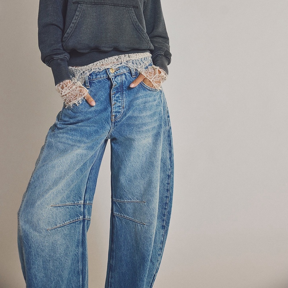 Free People Good Luck Mid-Rise Barrel Jeans in Ultra Light Beam
